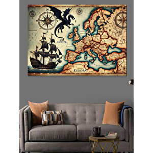 Ejderhalı Eski Dünya Haritası Dekoratif Kanvas - Mdf Ahşap Tablo