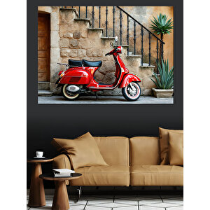 Tarihi Merdivende Kırmızı Vespa Dekoratif Kanvas - Mdf Ahşap Tablo 35x50 cm