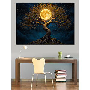 Altın Işıklı Hayat Ağacı Dekoratif Kanvas - Mdf Ahşap Tablo 35x50 cm