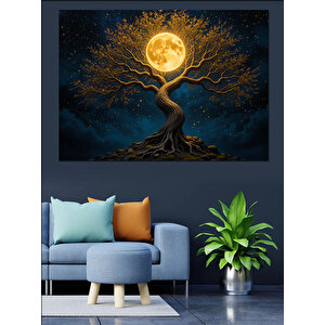 Altın Işıklı Hayat Ağacı Dekoratif Kanvas - Mdf Ahşap Tablo