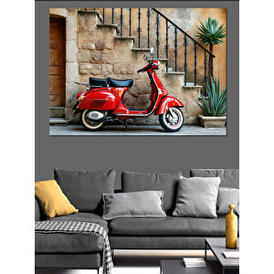 Tarihi Merdivende Kırmızı Vespa Dekoratif Kanvas - Mdf Ahşap Tablo 25x35 cm