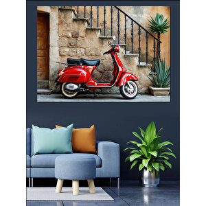 Tarihi Merdivende Kırmızı Vespa Dekoratif Kanvas - Mdf Ahşap Tablo 25x35 cm