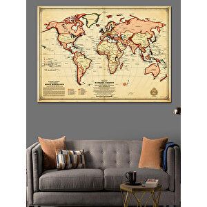 Retro Dünya Harita Çizimi Dekoratif Kanvas - Mdf Ahşap Tablo 100x140 cm