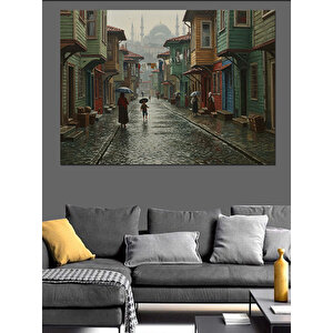 Islak Sokakta Yalnız Kadın Dekoratif Kanvas - Mdf Ahşap Tablo