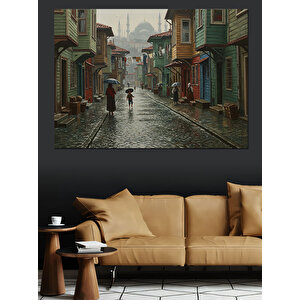 Islak Sokakta Yalnız Kadın Dekoratif Kanvas - Mdf Ahşap Tablo