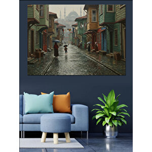 Islak Sokakta Yalnız Kadın Dekoratif Kanvas - Mdf Ahşap Tablo 100x140 cm