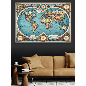 Antik Harita Dünya Tasarımı Dekoratif Kanvas - Mdf Ahşap Tablo 100x140 cm