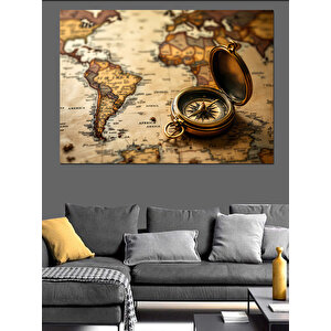 Antik Harita Ve Pusula Dekoratif Kanvas - Mdf Ahşap Tablo 25x35 cm