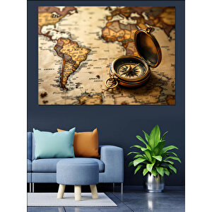 Antik Harita Ve Pusula Dekoratif Kanvas - Mdf Ahşap Tablo 25x35 cm