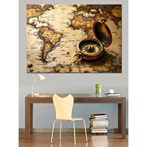 Antik Harita Ve Pusula Dekoratif Kanvas - Mdf Ahşap Tablo