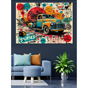 Retro Kamyonla Sokak Grafiti Dekoratif Kanvas - Mdf Ahşap Tablo 100x140 cm