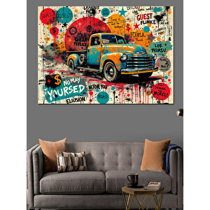Retro Kamyonla Sokak Grafiti Dekoratif Kanvas - Mdf Ahşap Tablo 100x140 cm