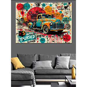 Retro Kamyonla Sokak Grafiti Dekoratif Kanvas - Mdf Ahşap Tablo
