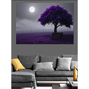 Mor Ağacın Altında Gece Dekoratif Kanvas - Mdf Ahşap Tablo 35x50 cm