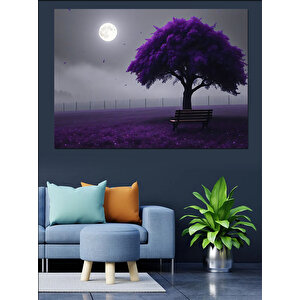 Mor Ağacın Altında Gece Dekoratif Kanvas - Mdf Ahşap Tablo