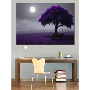 Mor Ağacın Altında Gece Dekoratif Kanvas - Mdf Ahşap Tablo 25x35 cm