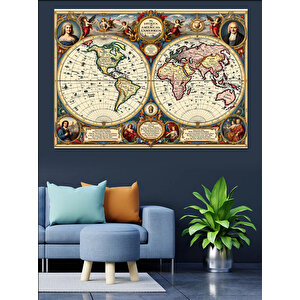 Eski Haritalı Dünya Çizimi Dekoratif Kanvas - Mdf Ahşap Tablo 35x50 cm