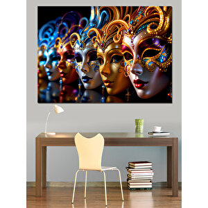 Renkli Maskeli Venedik Karnavalı Dekoratif Kanvas - Mdf Ahşap Tablo 100x140 cm