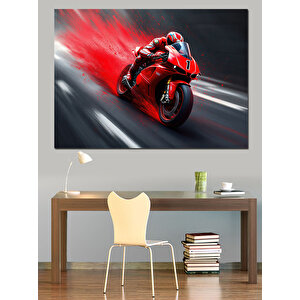 Hızlı Kırmızı Yarış Motoru Dekoratif Kanvas - Mdf Ahşap Tablo
