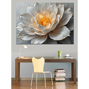 Altın Detaylı Beyaz Lotus Dekoratif Kanvas - Mdf Ahşap Tablo
