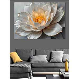 Altın Detaylı Beyaz Lotus Dekoratif Kanvas - Mdf Ahşap Tablo