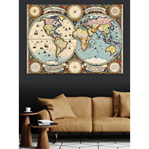 Vintage Harita Dünya Çizimi Dekoratif Kanvas - Mdf Ahşap Tablo 100x140 cm