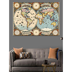 Vintage Harita Dünya Çizimi Dekoratif Kanvas - Mdf Ahşap Tablo 70x100 cm