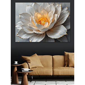 Altın Detaylı Beyaz Lotus Dekoratif Kanvas - Mdf Ahşap Tablo 50x70 cm