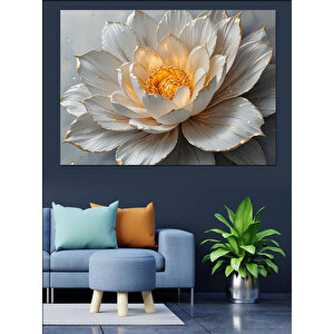 Altın Detaylı Beyaz Lotus Dekoratif Kanvas - Mdf Ahşap Tablo 50x70 cm