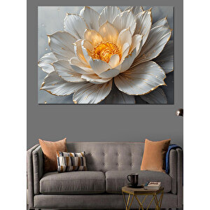 Altın Detaylı Beyaz Lotus Dekoratif Kanvas - Mdf Ahşap Tablo 50x70 cm