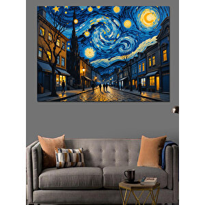 Yıldızlı Gece Sokak Manzarası Dekoratif Kanvas - Mdf Ahşap Tablo 100x140 cm