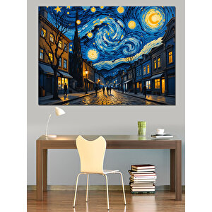 Yıldızlı Gece Sokak Manzarası Dekoratif Kanvas - Mdf Ahşap Tablo 100x140 cm