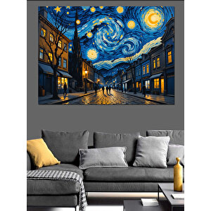 Yıldızlı Gece Sokak Manzarası Dekoratif Kanvas - Mdf Ahşap Tablo 100x140 cm