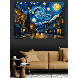Yıldızlı Gece Sokak Manzarası Dekoratif Kanvas - Mdf Ahşap Tablo