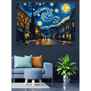 Yıldızlı Gece Sokak Manzarası Dekoratif Kanvas - Mdf Ahşap Tablo