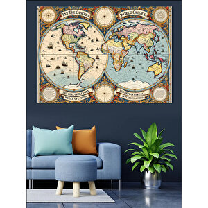 Vintage Harita Dünya Çizimi Dekoratif Kanvas - Mdf Ahşap Tablo 50x70 cm