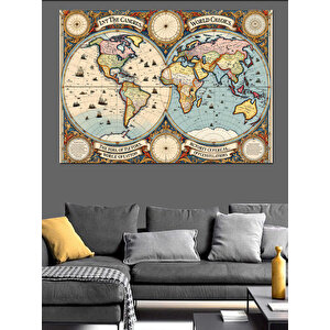 Vintage Harita Dünya Çizimi Dekoratif Kanvas - Mdf Ahşap Tablo
