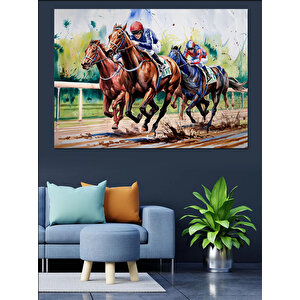 Yarış Pistinde Koşan Atlar Dekoratif Kanvas - Mdf Ahşap Tablo 100x140 cm