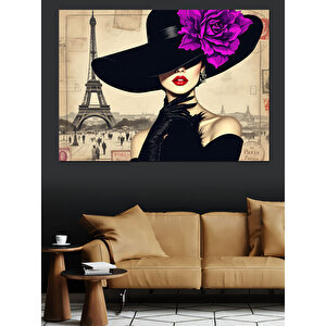 Şapkalı Parisli Zarif Kadın Dekoratif Kanvas - Mdf Ahşap Tablo 50x70 cm