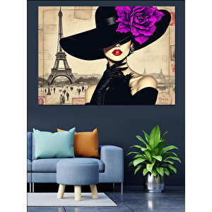 Şapkalı Parisli Zarif Kadın Dekoratif Kanvas - Mdf Ahşap Tablo