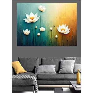 Mavi Arkaplanda Beyaz Lotuslar Dekoratif Kanvas - Mdf Ahşap Tablo
