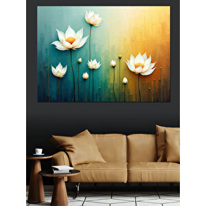 Mavi Arkaplanda Beyaz Lotuslar Dekoratif Kanvas - Mdf Ahşap Tablo