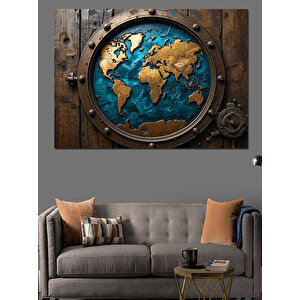 Pencereden Dünya Haritası Görünümü Dekoratif Kanvas - Mdf Ahşap Tablo 50x70 cm