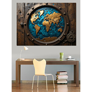 Pencereden Dünya Haritası Görünümü Dekoratif Kanvas - Mdf Ahşap Tablo 50x70 cm