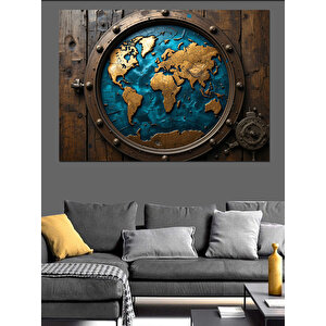 Pencereden Dünya Haritası Görünümü Dekoratif Kanvas - Mdf Ahşap Tablo 50x70 cm