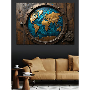 Pencereden Dünya Haritası Görünümü Dekoratif Kanvas - Mdf Ahşap Tablo