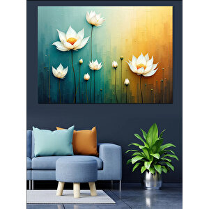 Mavi Arkaplanda Beyaz Lotuslar Dekoratif Kanvas - Mdf Ahşap Tablo 70x100 cm