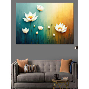 Mavi Arkaplanda Beyaz Lotuslar Dekoratif Kanvas - Mdf Ahşap Tablo 70x100 cm
