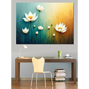 Mavi Arkaplanda Beyaz Lotuslar Dekoratif Kanvas - Mdf Ahşap Tablo 70x100 cm