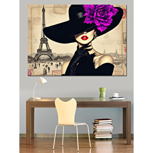 Şapkalı Parisli Zarif Kadın Dekoratif Kanvas - Mdf Ahşap Tablo 70x100 cm
